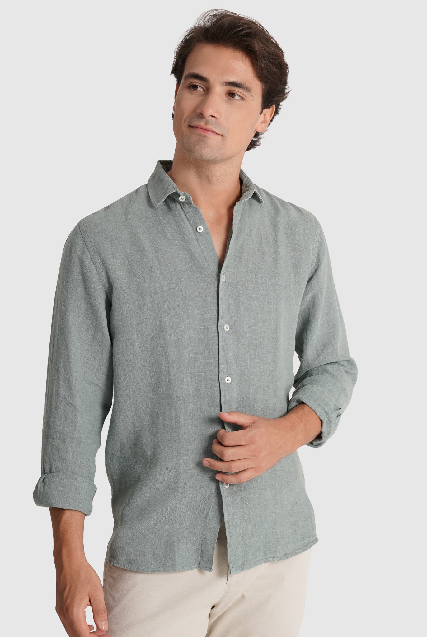 Camisa Linho Verde Manga Comprida Tailored Fit Mr. Blue