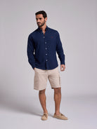 Camisa Linho Azul Manga Comprida Regular Fit Mr. Blue