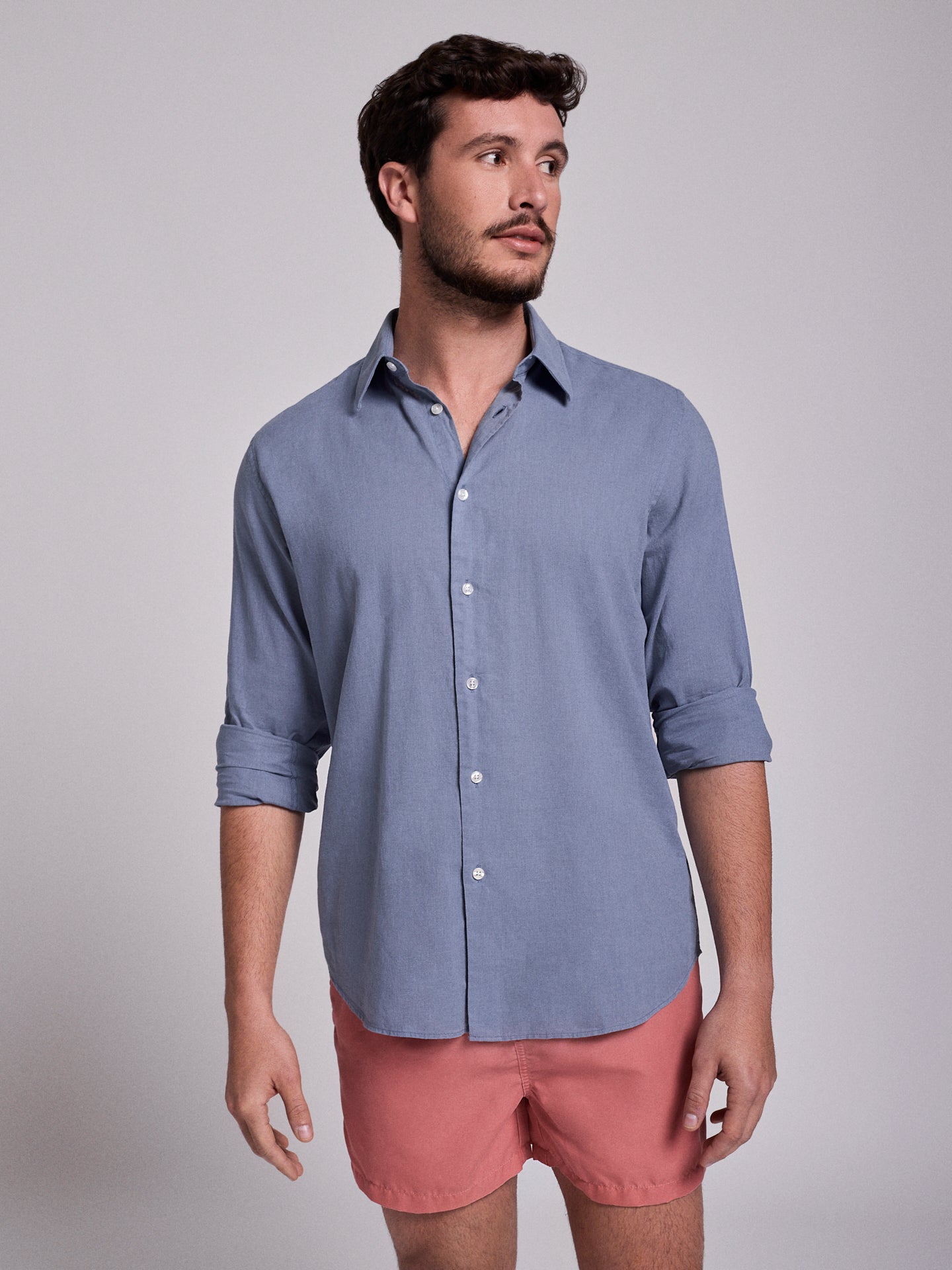Camisa Linho Azul Manga Comprida Slim Fit Mr. Blue