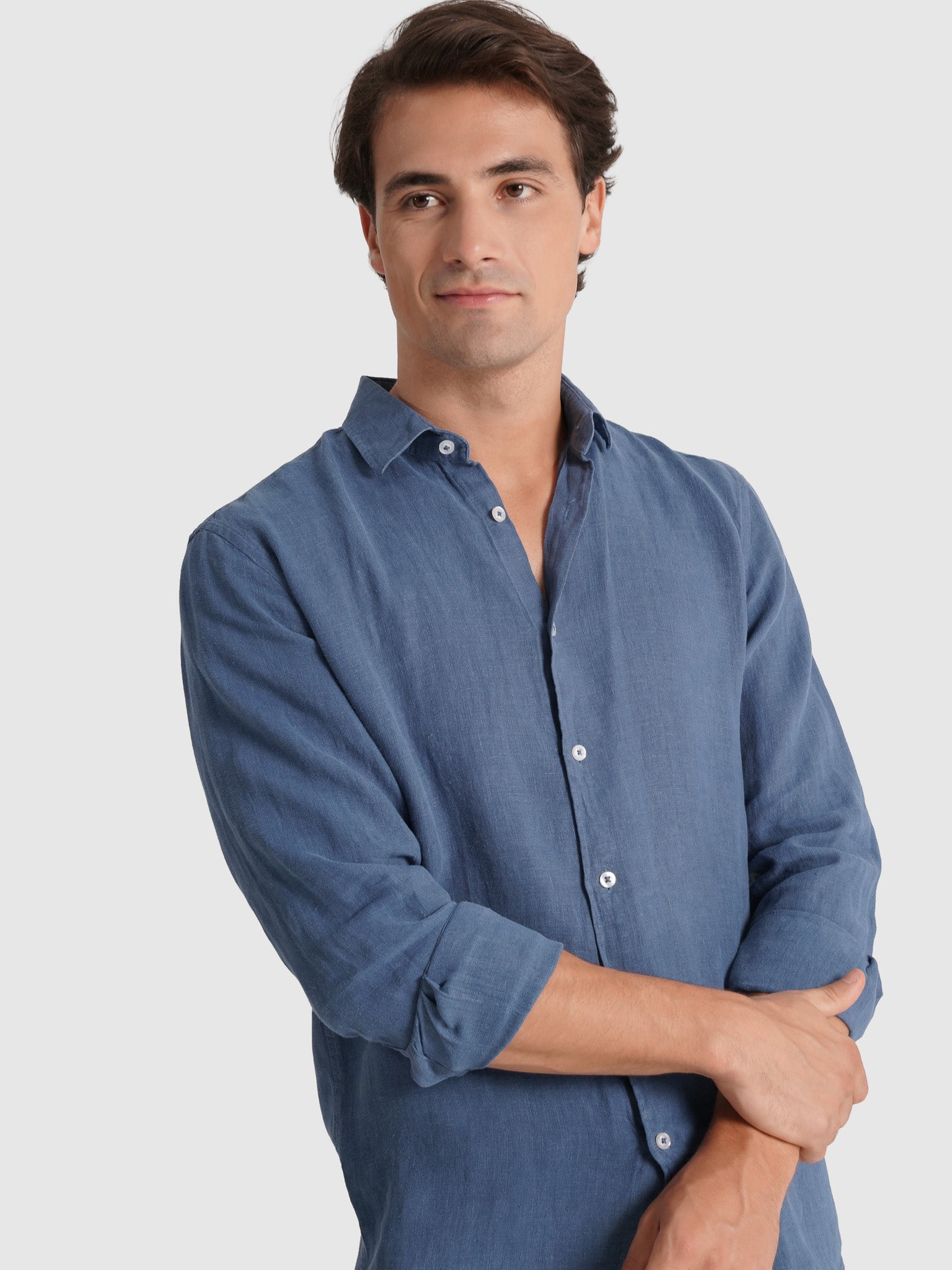 Camisa Linho Azul Manga Comprida Tailored Fit Mr. Blue