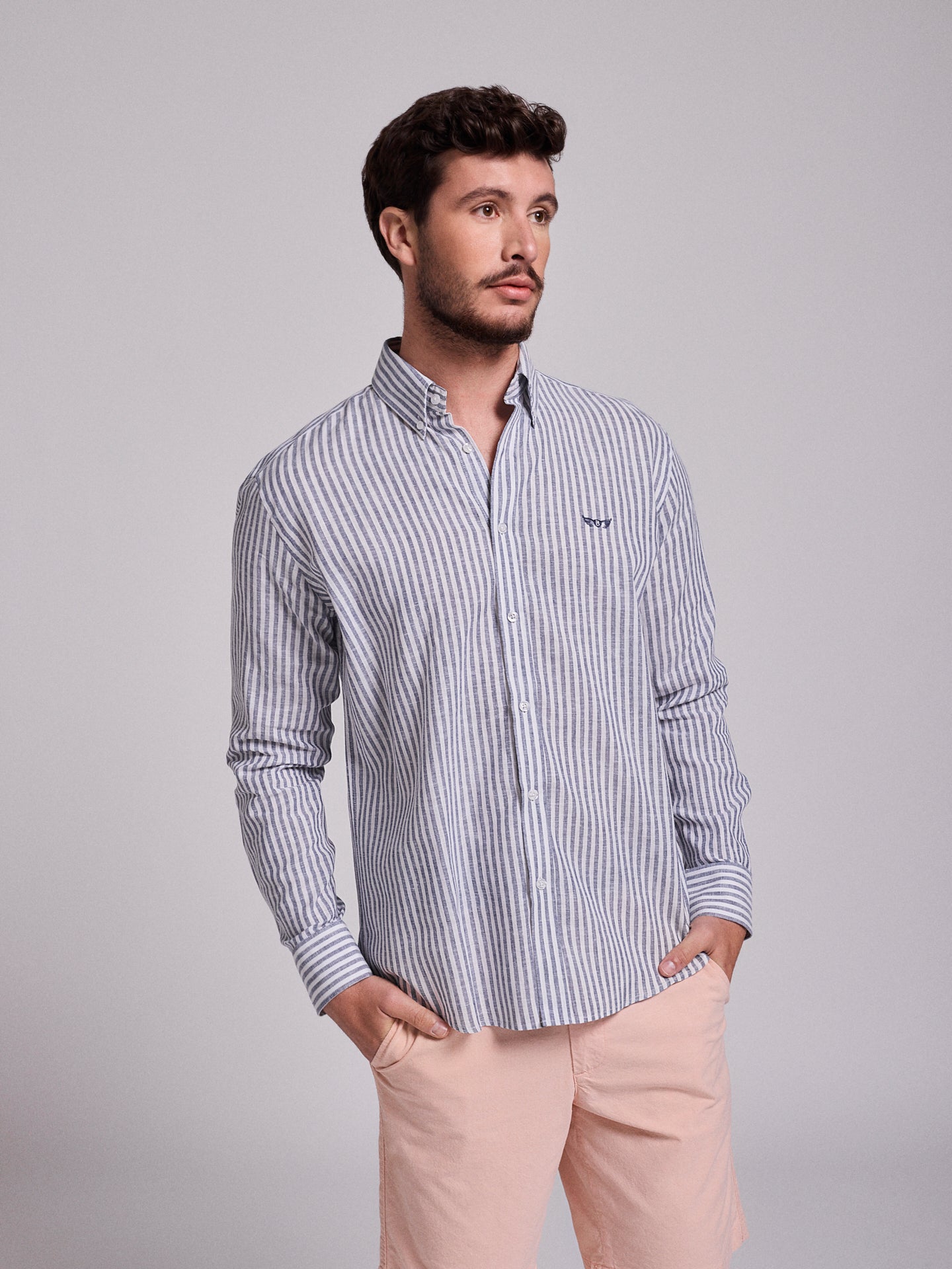 Camisa Linho Azul Manga Comprida Regular Fit Mr. Blue